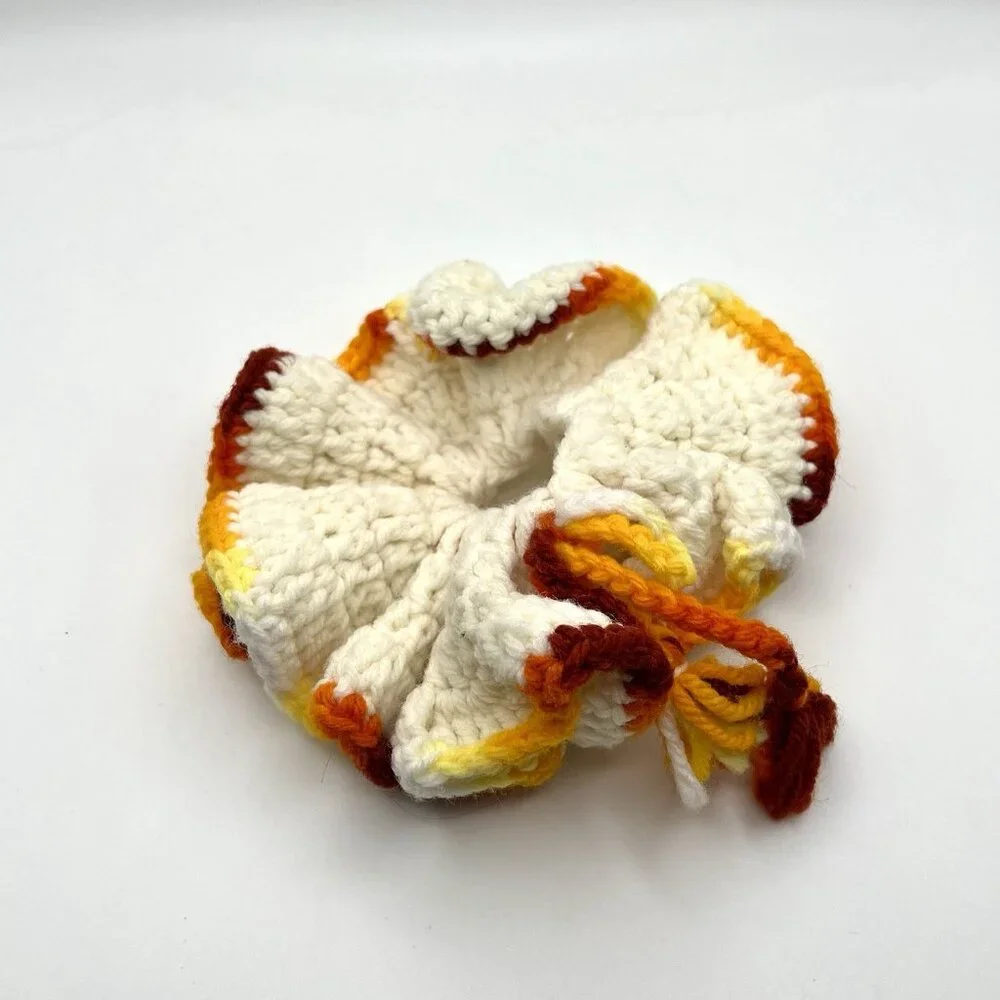 Vintage Handmade Crochet Mid Century Scrunchie Cream Autumn Retro Boho Cottage